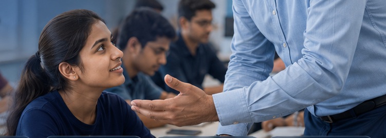 Indian teacher discussing a classroom question with a student